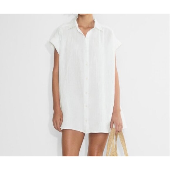 Aritzia Little Moon Gauzed Cotton Mini Dress Short Sleeve Minimalist White M - Picture 1 of 13